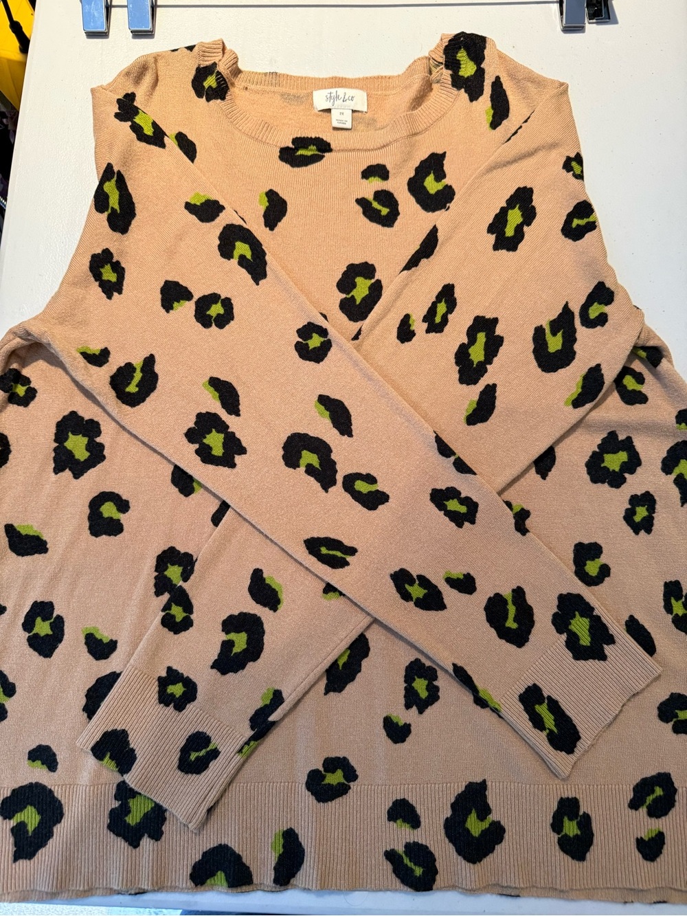 Style & Co. Beige Leopard Crewneck Sweater with Black and Lime Green Spots (2X) - Picture 9 of 9